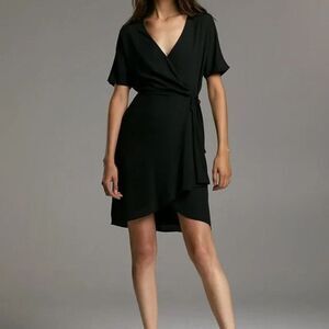 Babaton Wallace Wrap Dress Womens Small Black Short Sleeve V Neck Tie Waist